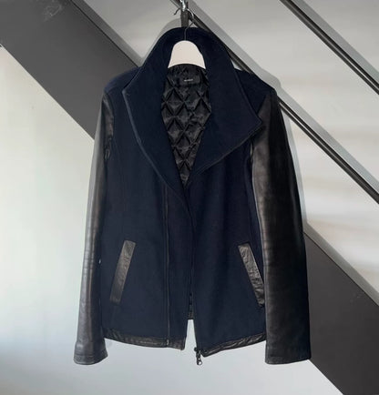 Flap Collar Leather Wool Jacket