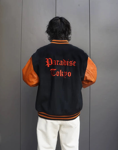 wacko maria varsity jacket with leather sleeves