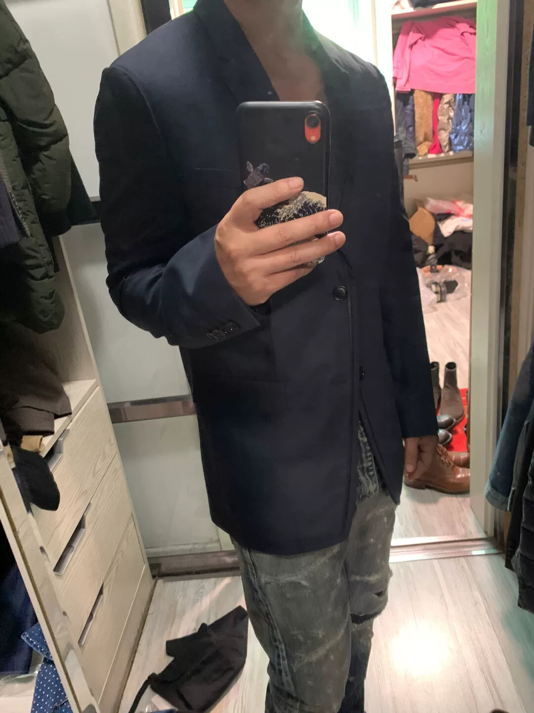 navy wool blazer with leather trim