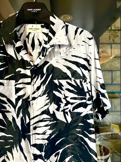 saint laurent black and white hawaiian shirt