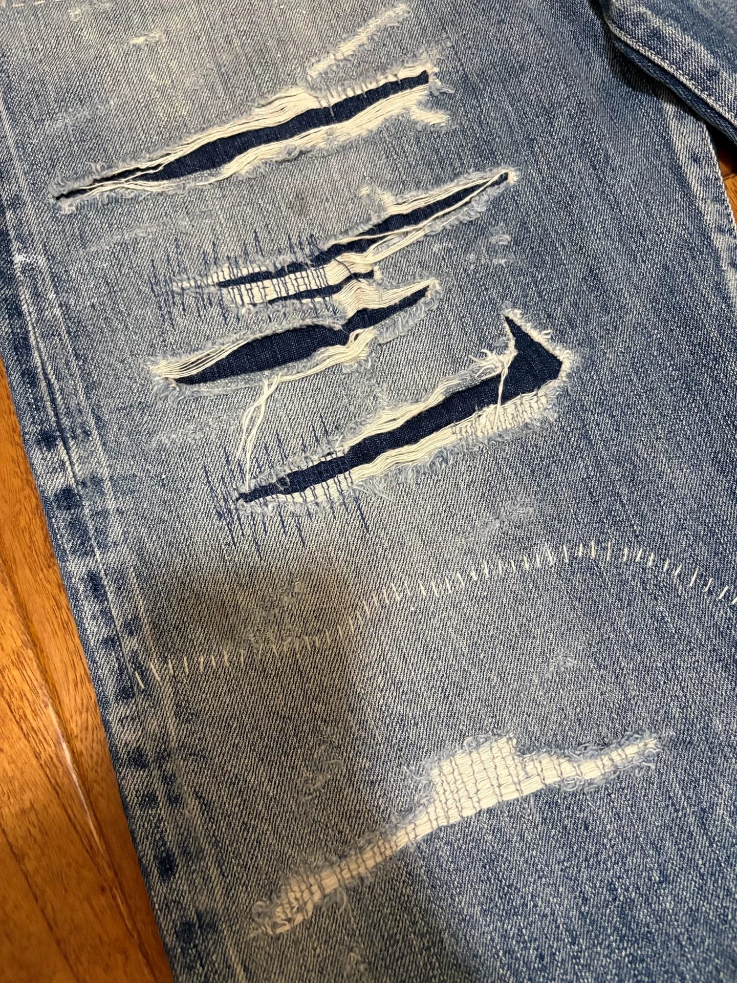 neighborhood scratch savage distressed denim pants