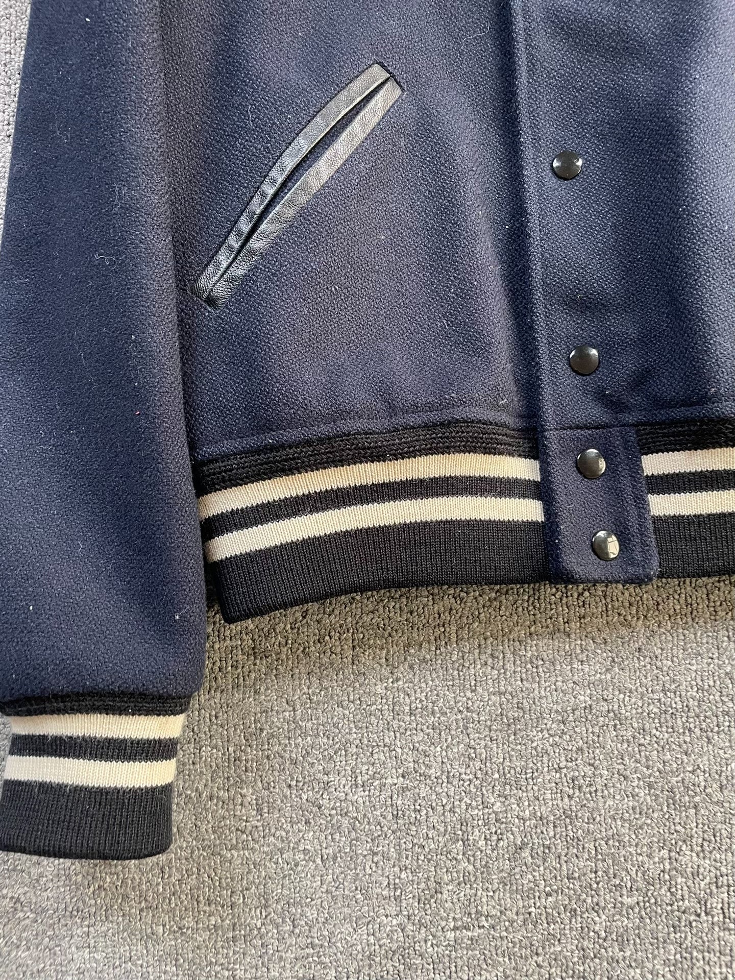Saint Laurent Navy Wool Leather Sleeve Jacket