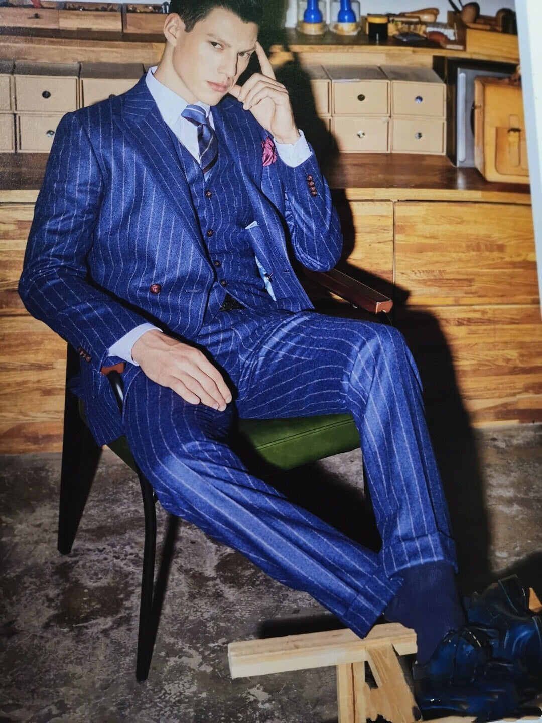 Navy Blue Striped Wool Blazer