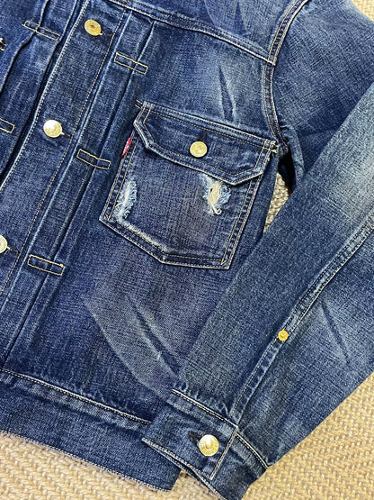 stylish blue denim jacket with gold buttons