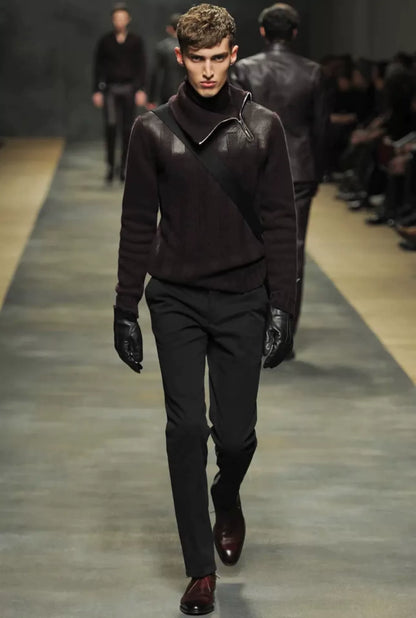 hermes high-neck zip sweater with leather panels