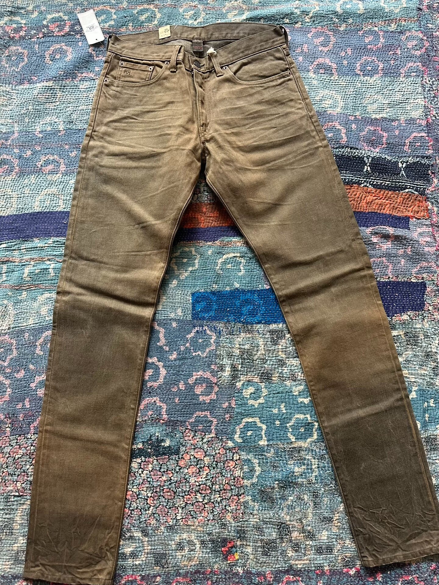 rrl mud dye bag flower denim pants