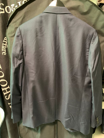 navy wool blazer with leather trim