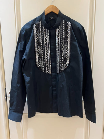 Balmain Black Silver Sequin Cotton Shirt