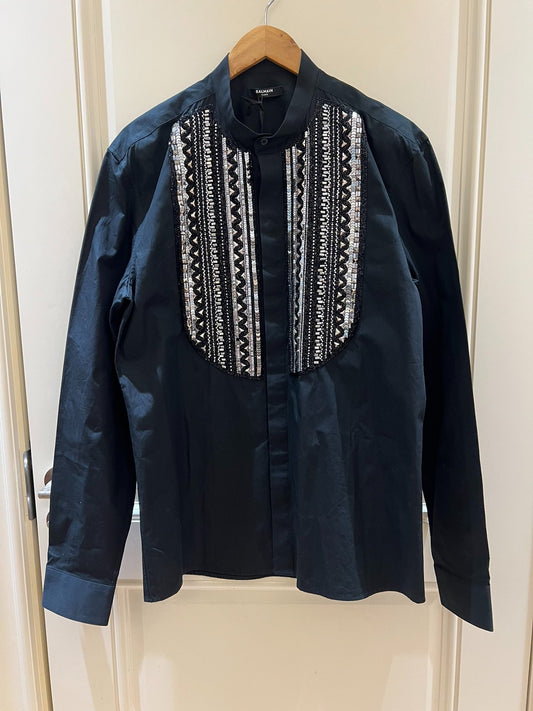 Balmain Black Silver Sequin Cotton Shirt