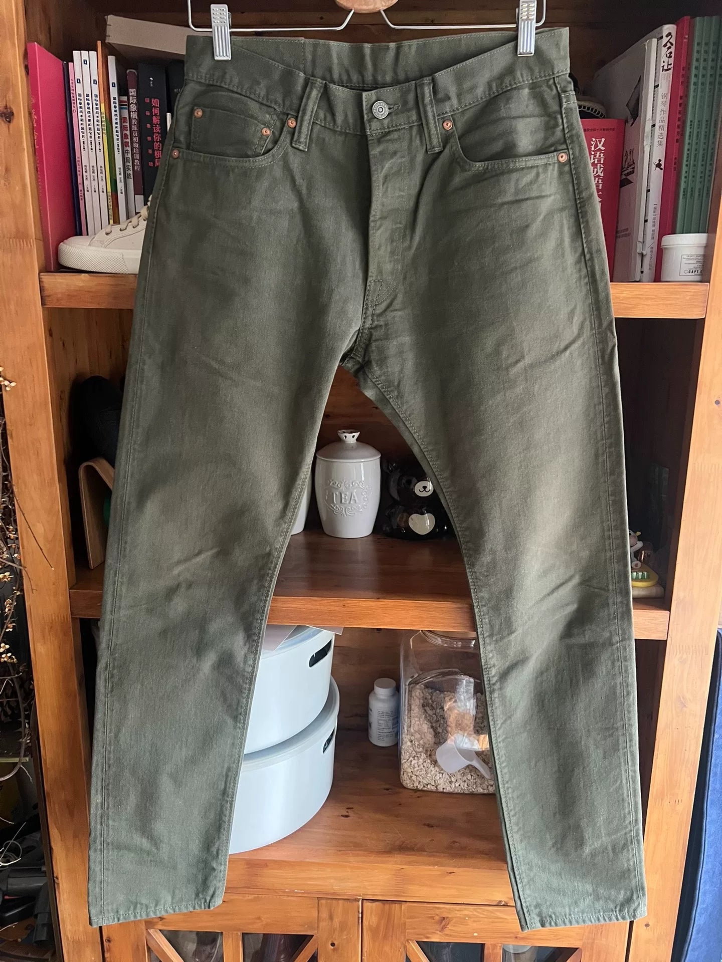 military green denim pants from Pure Blue Japan