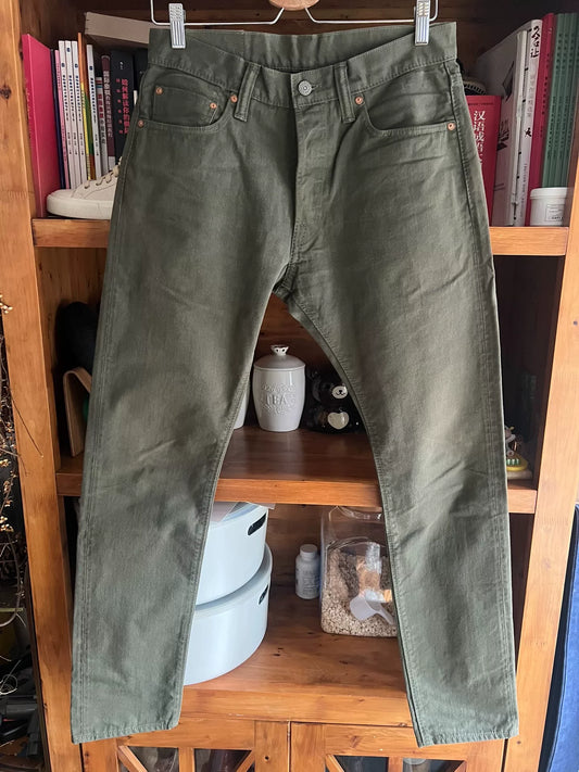 military green denim pants from Pure Blue Japan