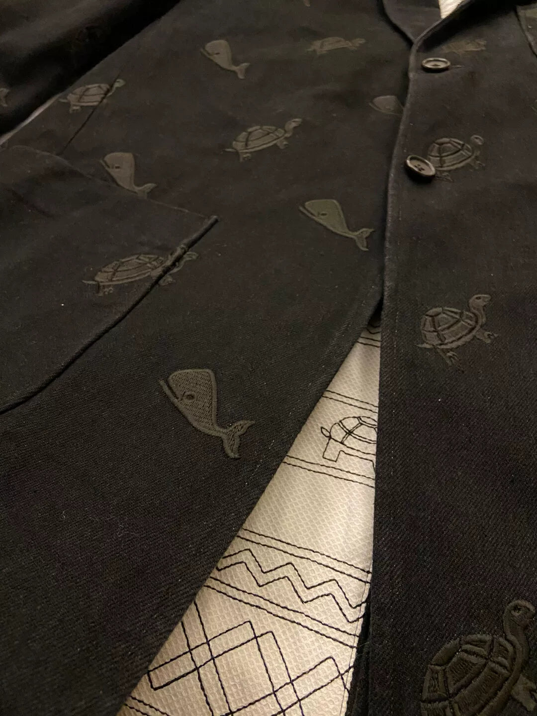 thom browne embroidered black coat with details
