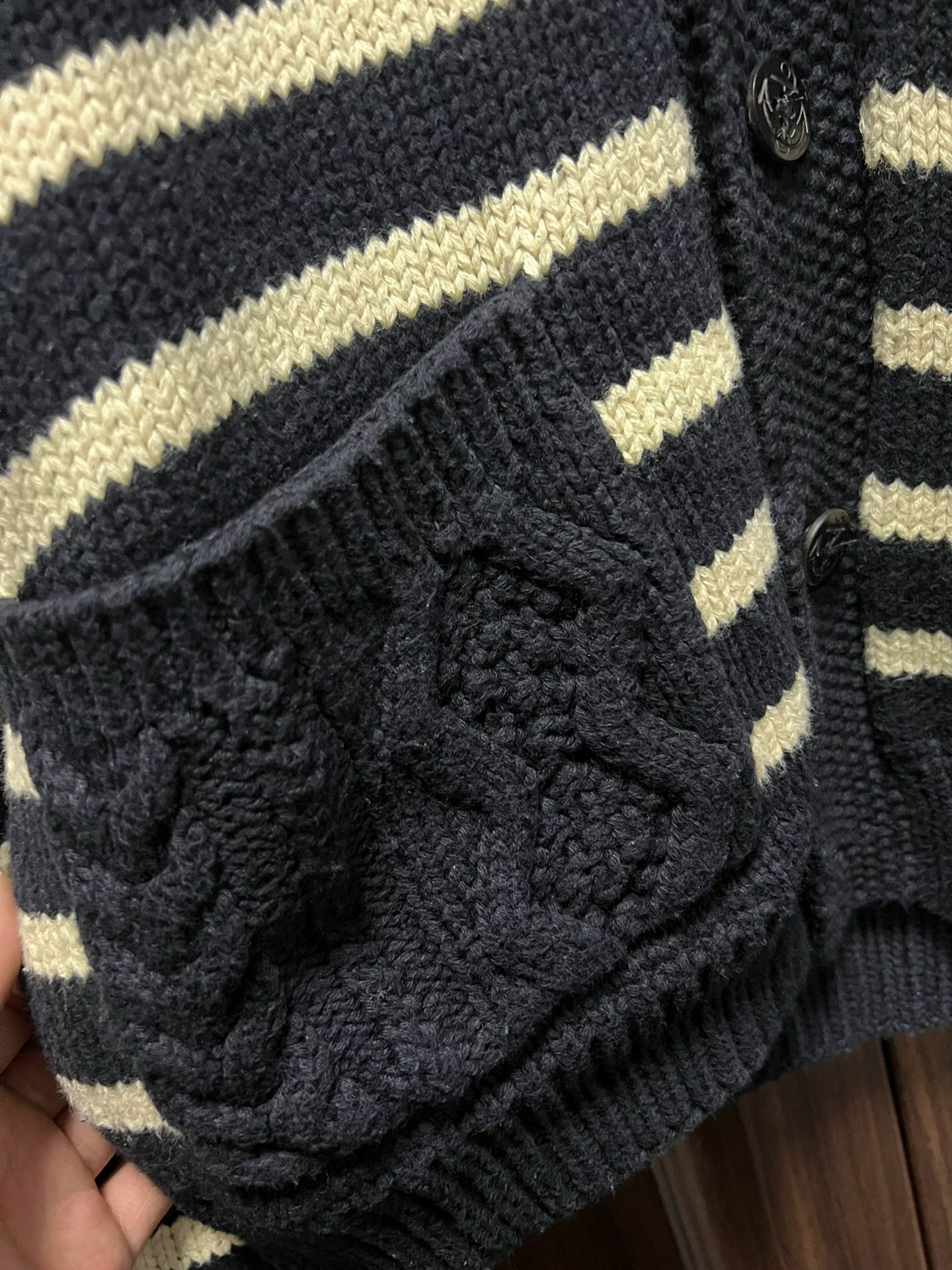 striped rrl cardigan in navy and cream