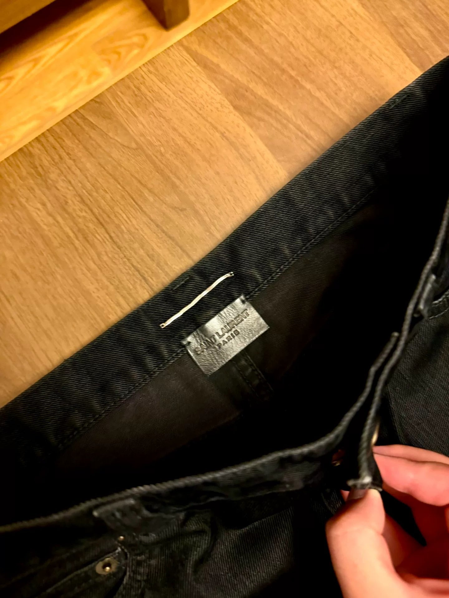 saint laurent black straight-leg waxed jeans