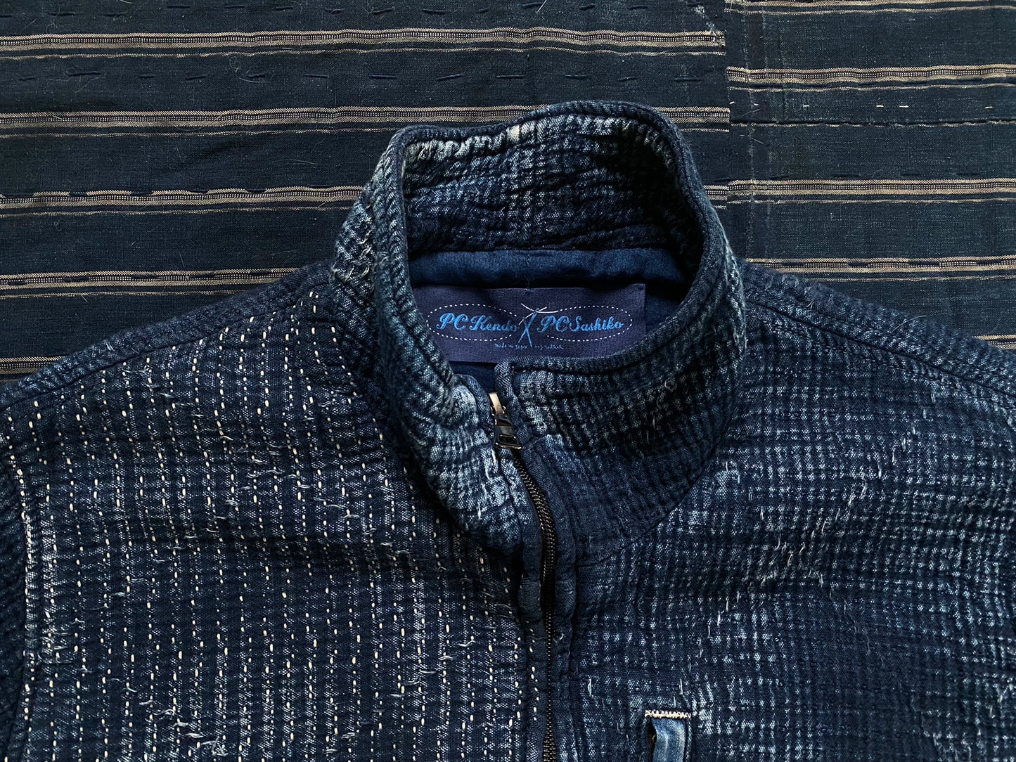 indigo sashiko light zip up outdoor jacket