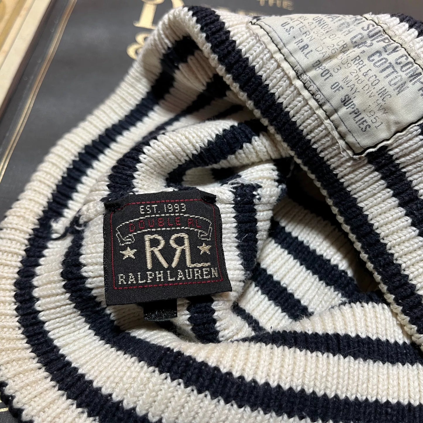 RRL Black White Striped Beanie