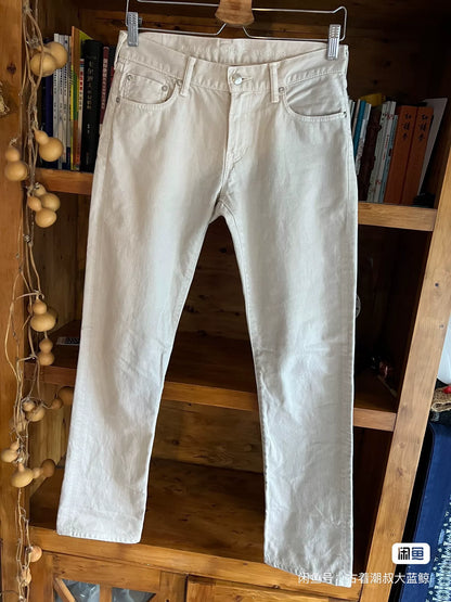 beige straight-leg denim pants for casual wear