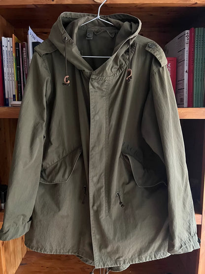 military-style hooded trench coat in olive green