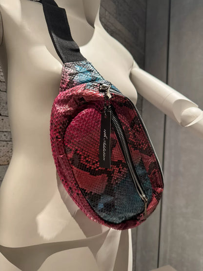 python leather waist bag with vivid print