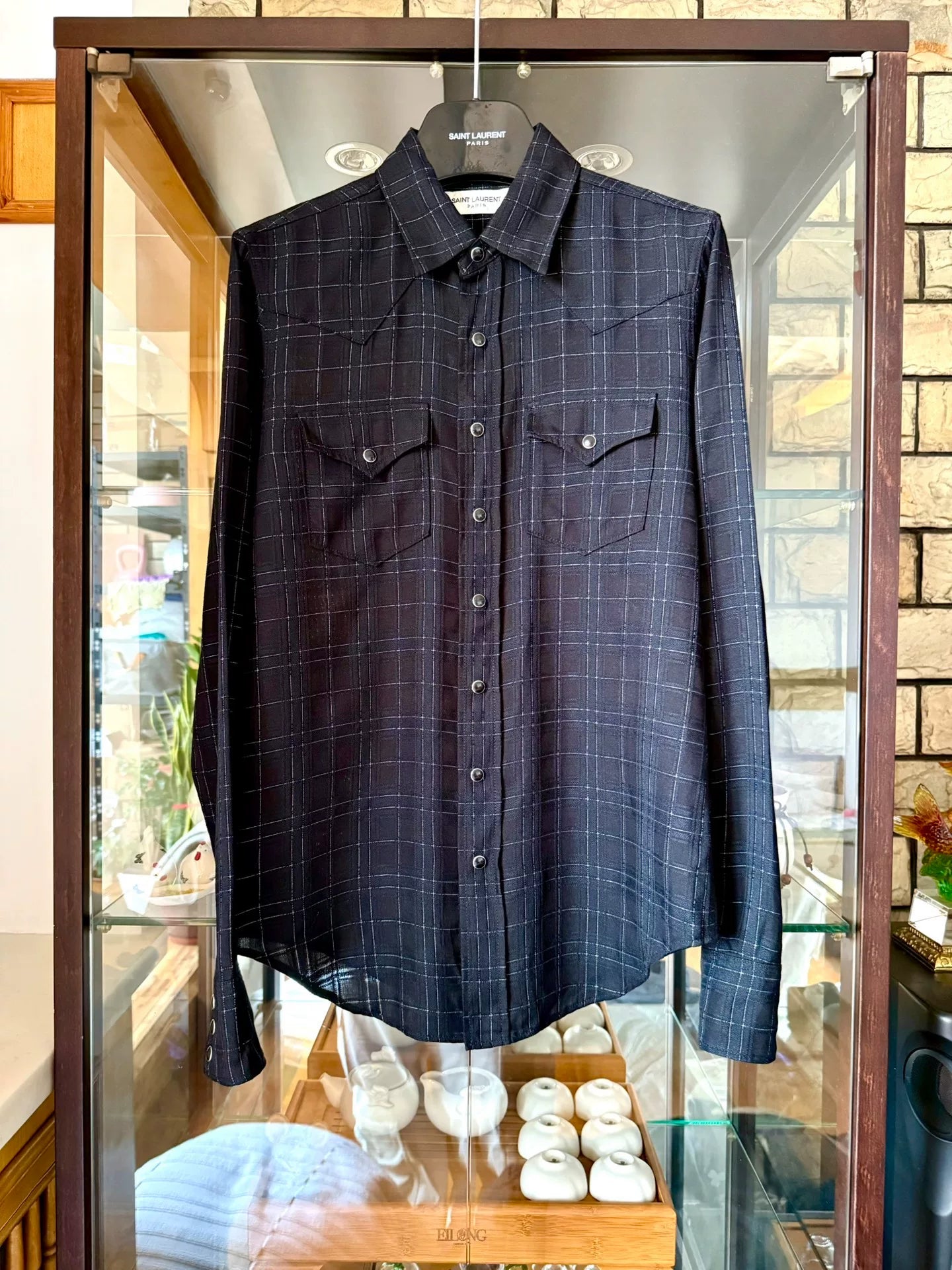 saint laurent black checkered button-up shirt