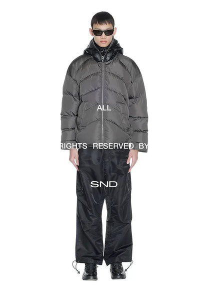 oversized gray-black leather cap puffer jacket