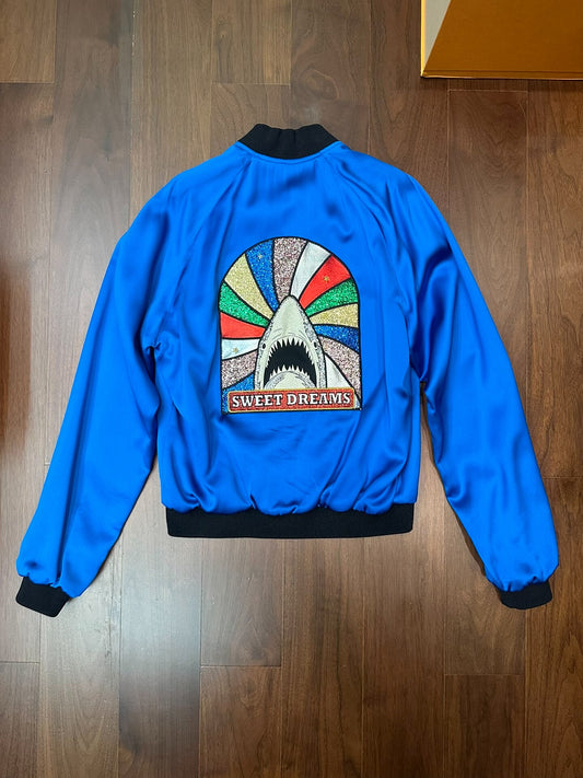 Saint Laurent Blue Satin Shark Bomber Jacket