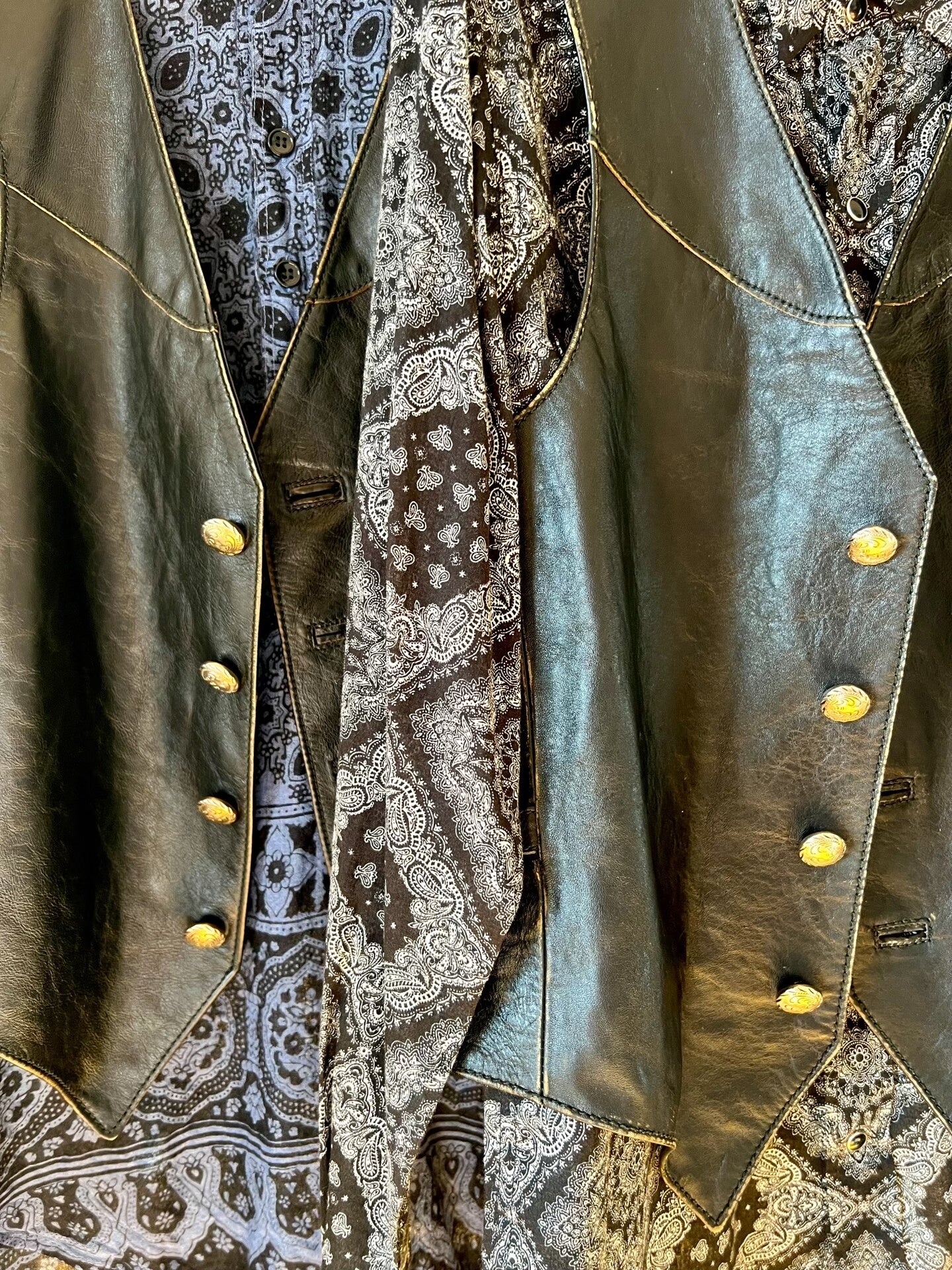 black distressed leather floral vest