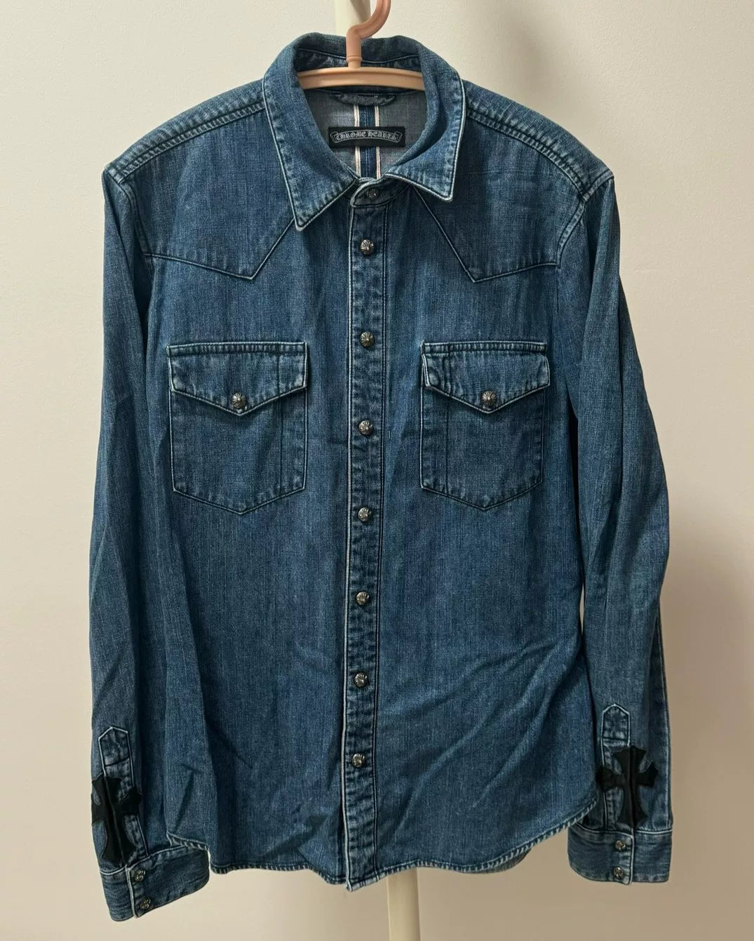 chrome hearts blue denim cross button-up shirt