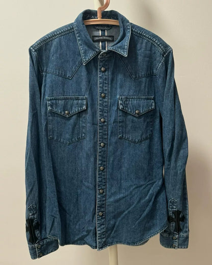 chrome hearts blue denim cross button-up shirt