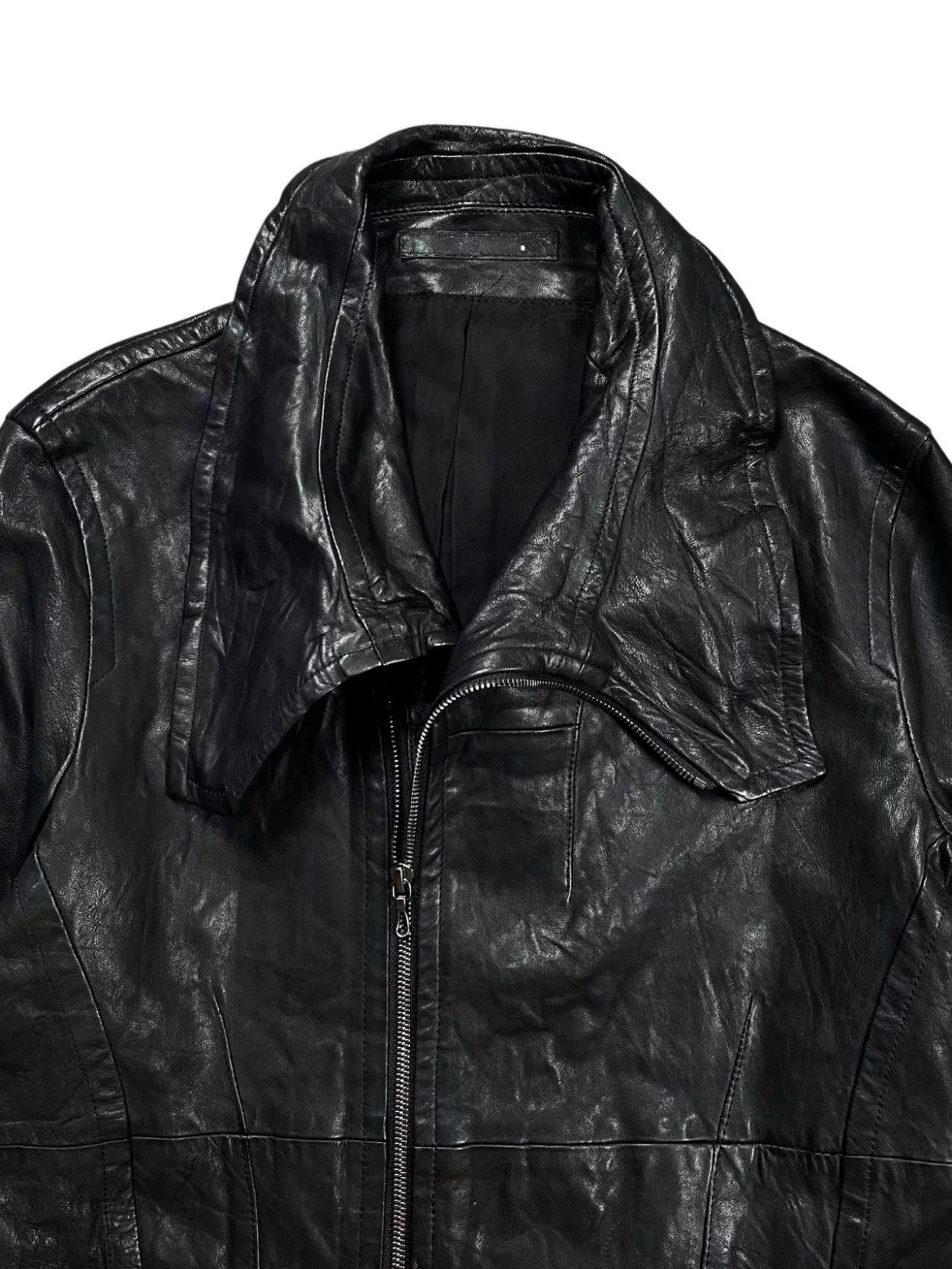 Julius_7 Black High Neck Leather Jacket