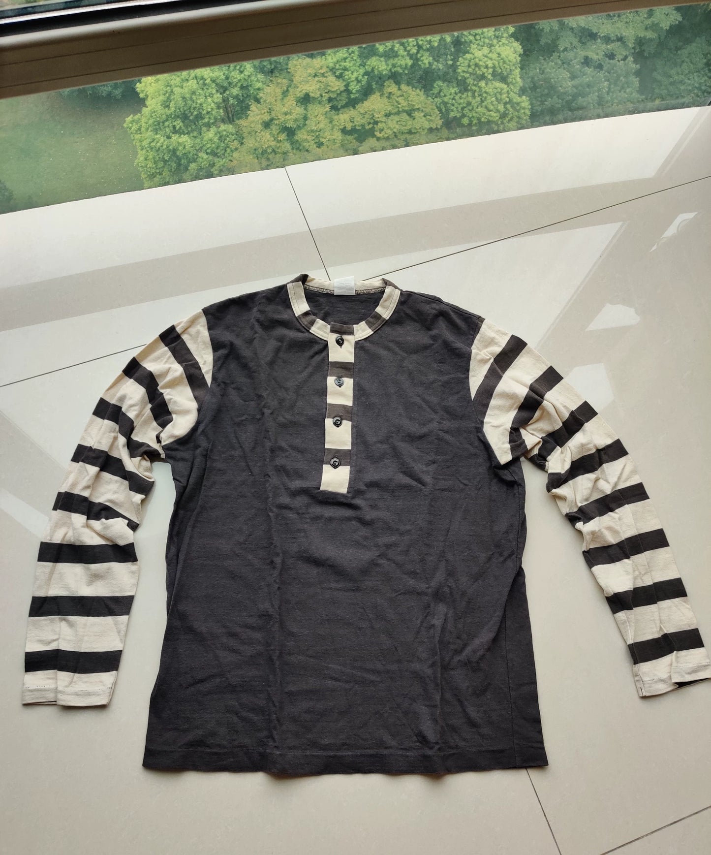 gray and white striped long sleeve shirt