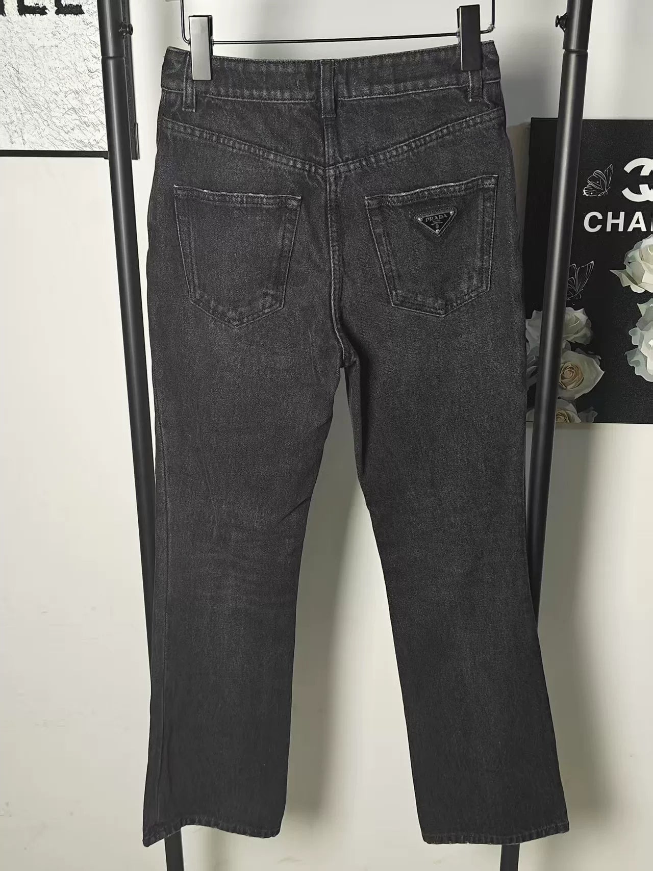 Prada Metallic Triangle Logo Denim Pants