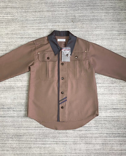 brown patchwork jacket by Kiko Kostadinov