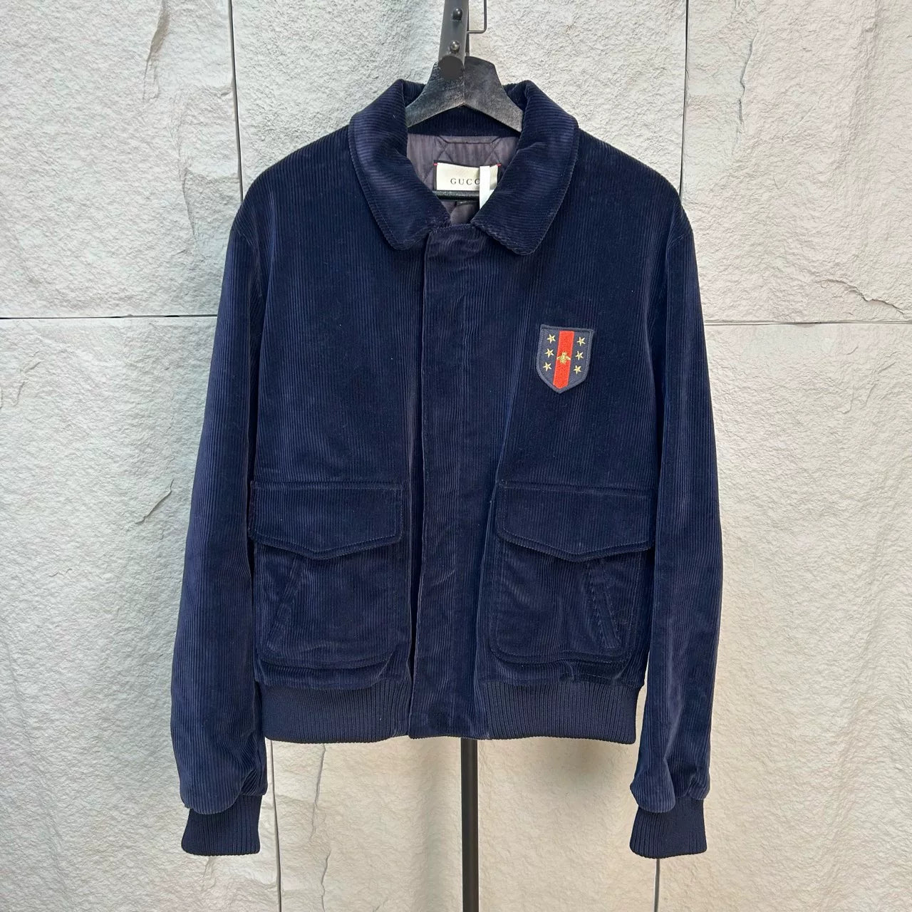 gucci navy corduroy bee embroidered jacket