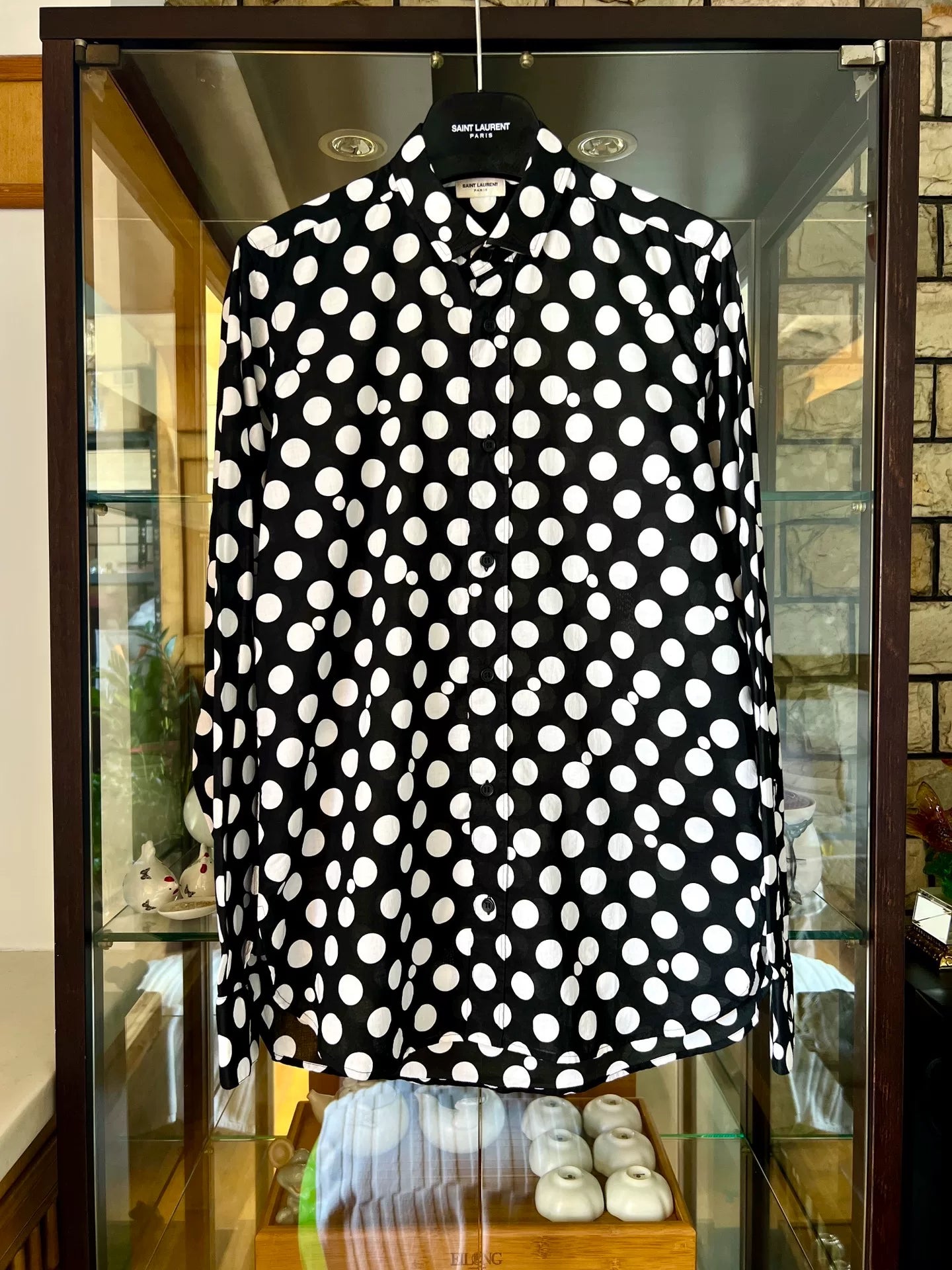 black and white polka dot shirt