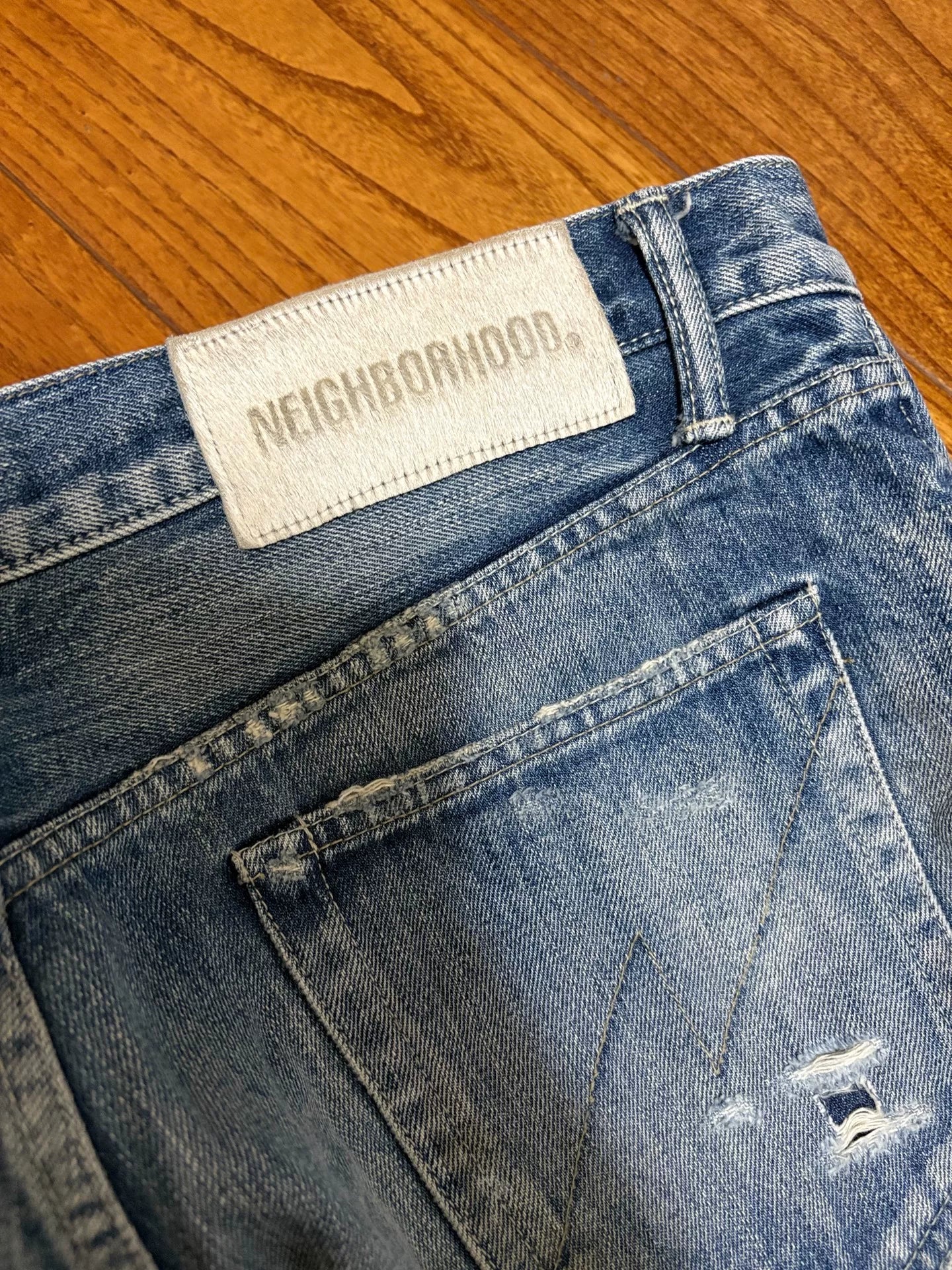 neighborhood scratch savage distressed denim pants