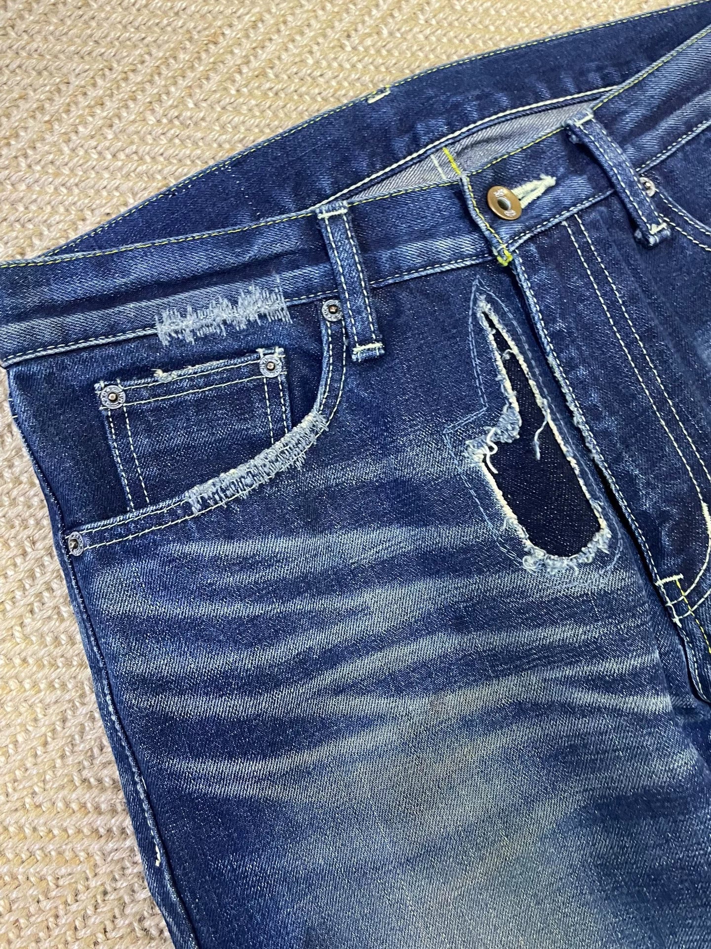 neighborhood patchwork distressed denim pants