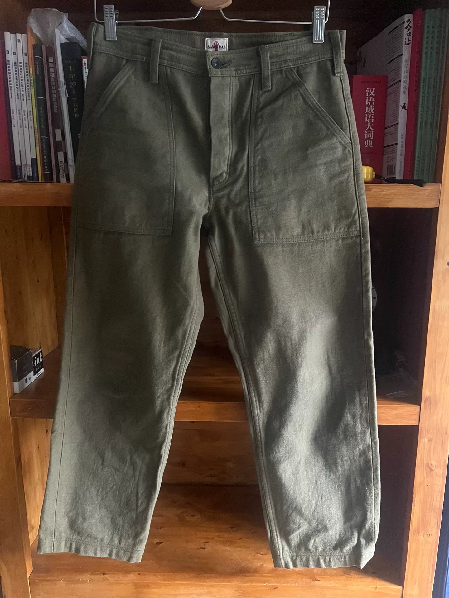 green cargo work pants with thick fabric