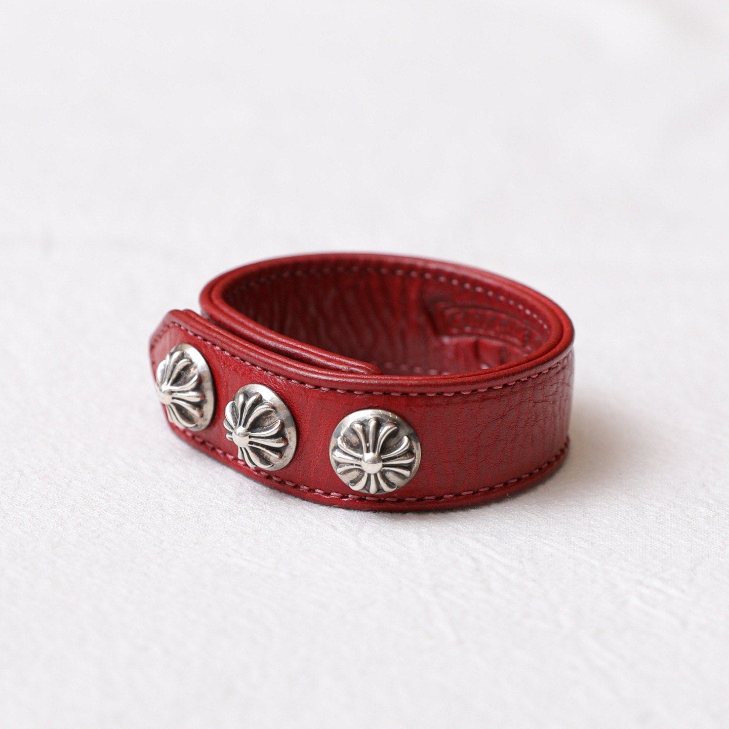 Chrome Hearts 925 Silver Cross Red Leather Bracelet