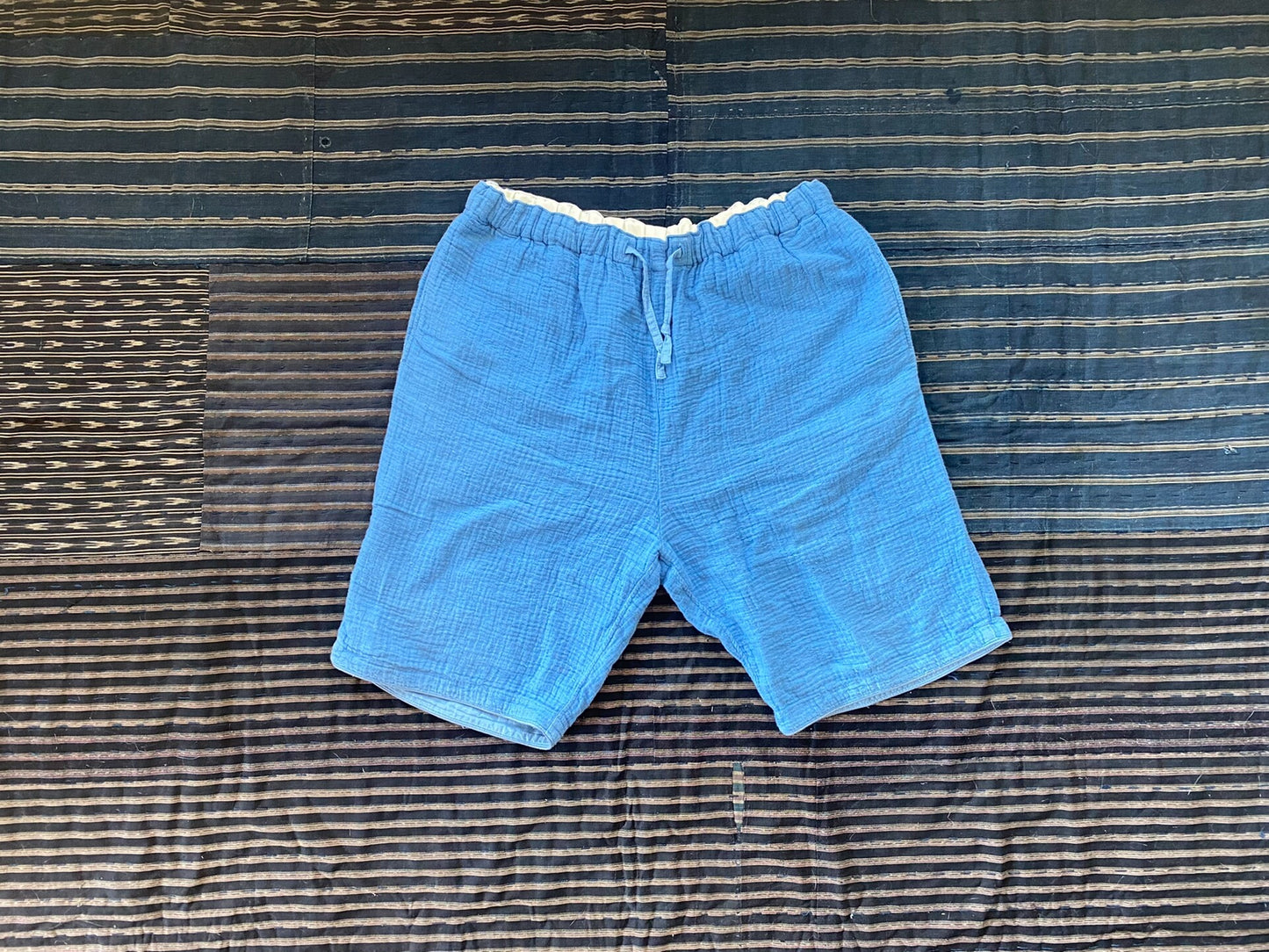 premium sashiko linen shorts in sky blue