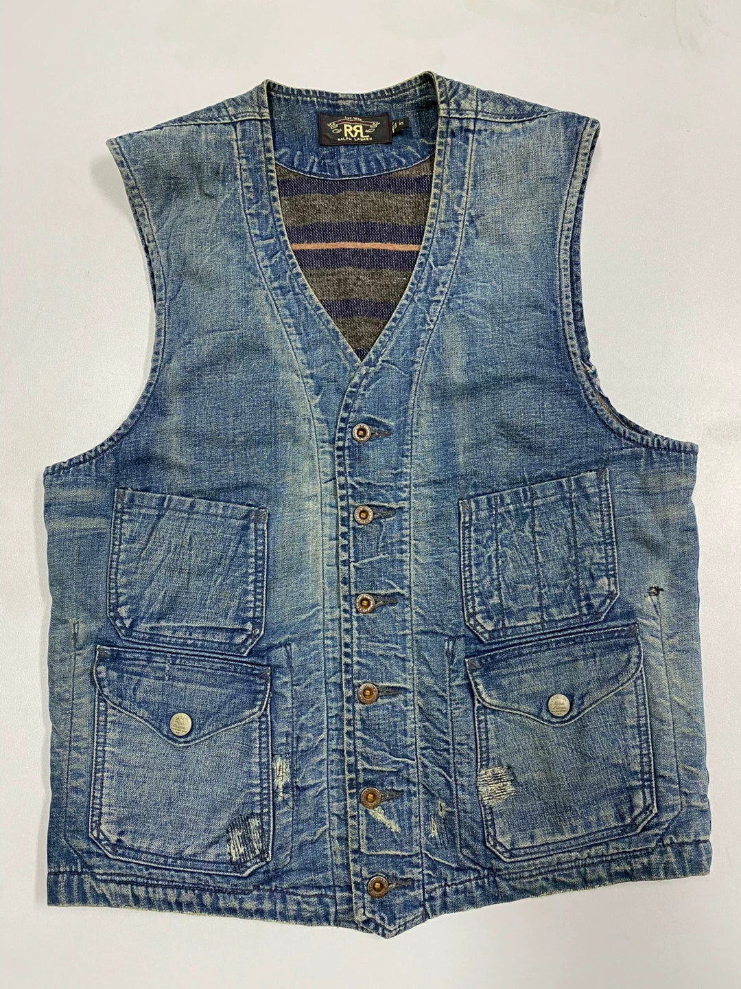 vintage rrl denim vest with heavy washing