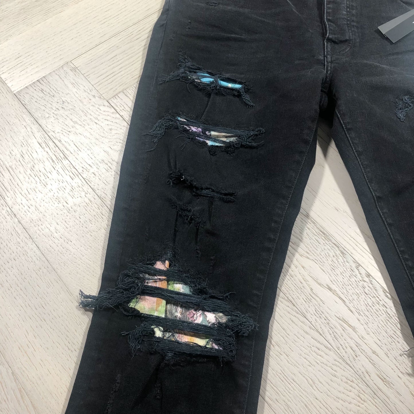 AMIRI Black Distressed Jeans with Floral Lining