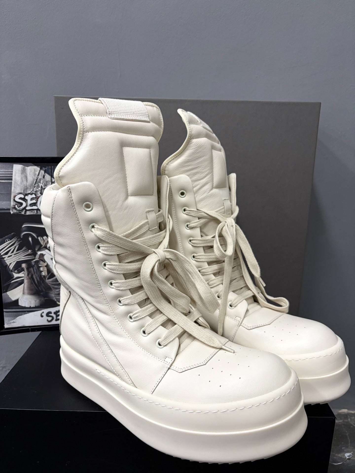 Rick Owens Mega Show Milk White Geobasket Boots