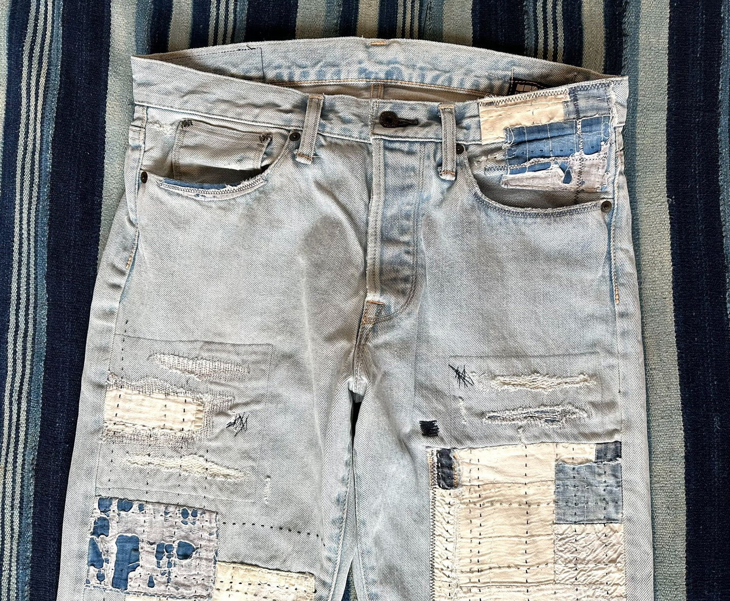 handmade patchwork denim pants by kuro