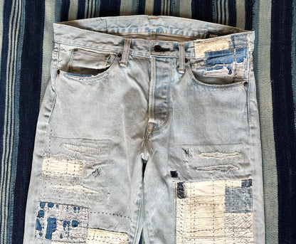handmade patchwork denim pants by kuro