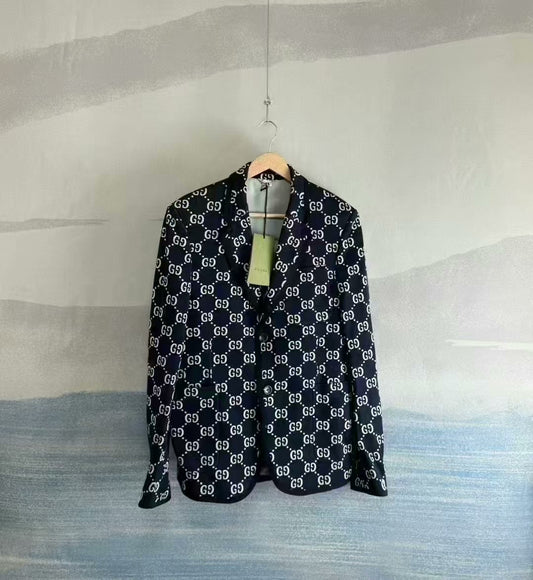 gucci deep blue printed single-breasted suit