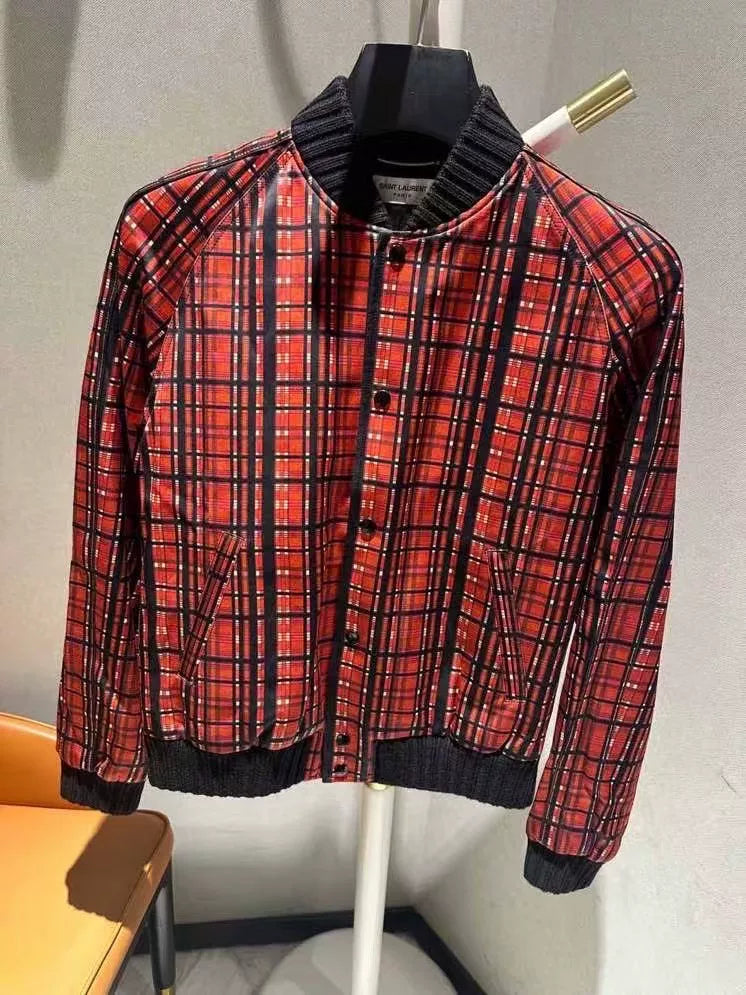 Saint Laurent Red Black Plaid Satin Jacket