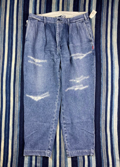 washed blue tapered denim pants for men