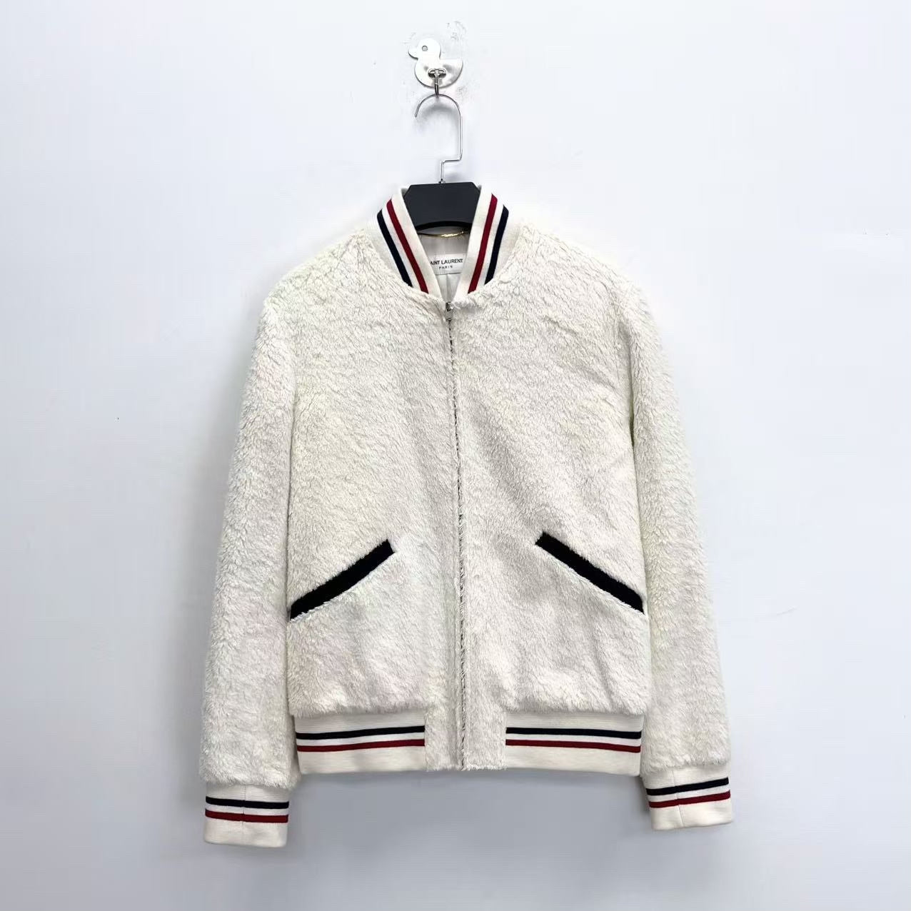 Saint Laurent White Fuzzy Bomber Jacket