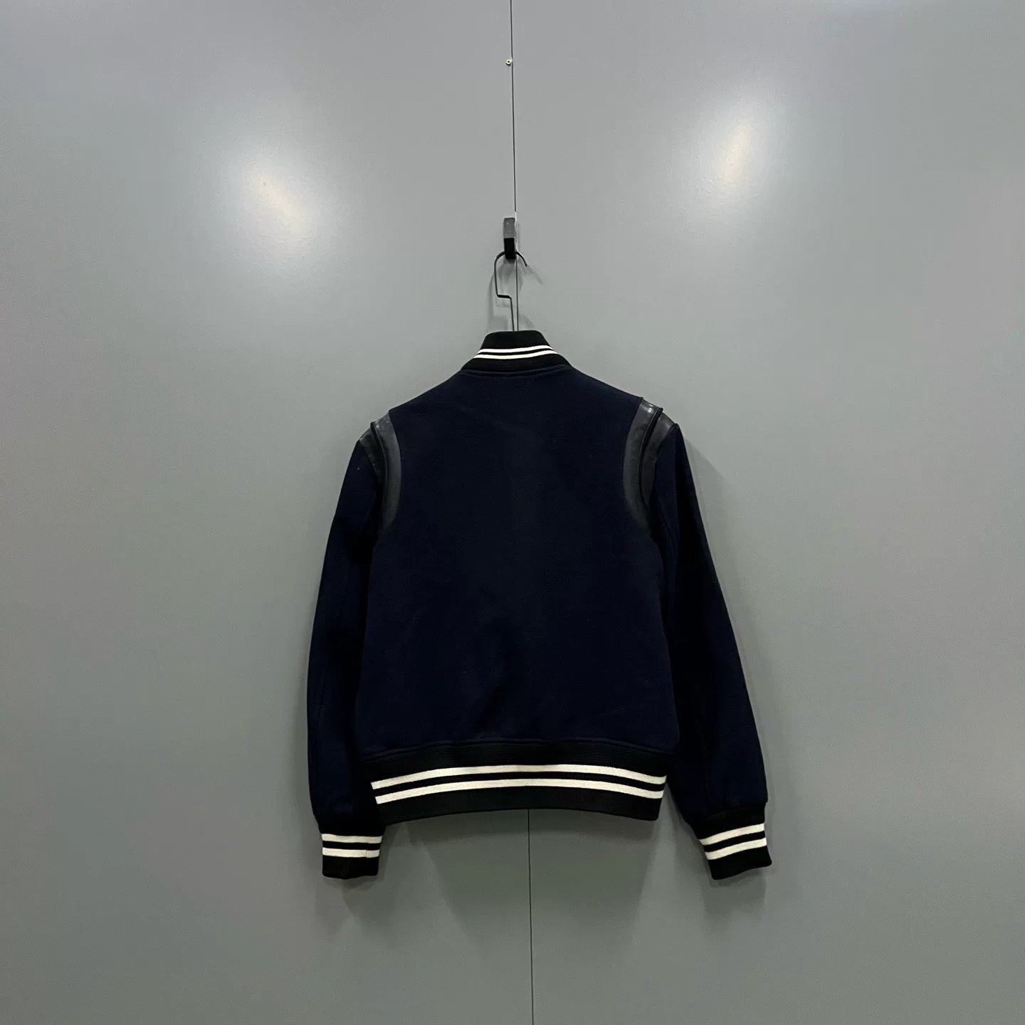 Saint Laurent Dark Blue Leather Sleeve Baseball Jacket